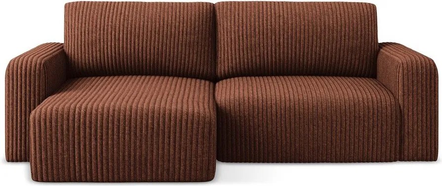 Terrakotta színű kordbársony kinyitható-tárolóhelyes sarokkanapé (bal oldali-heverő résszel) Kona – Makamii