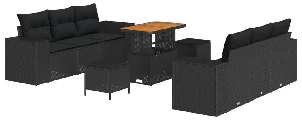 9 Darabos Kert Kanapé Szett Párnákkal Fekete Poli Rattan Akáccal, 3 Darabos Kert Étkező Szett Párnákkal Fekete Poli Rattan Akáccal