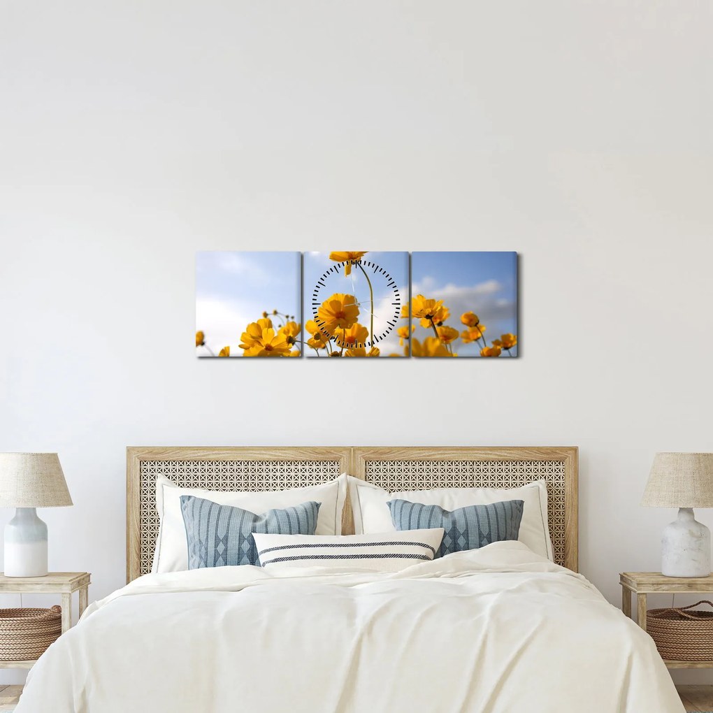 Fényes sárga virágokkal rendelkező mező képe (órával) (90x30 cm)