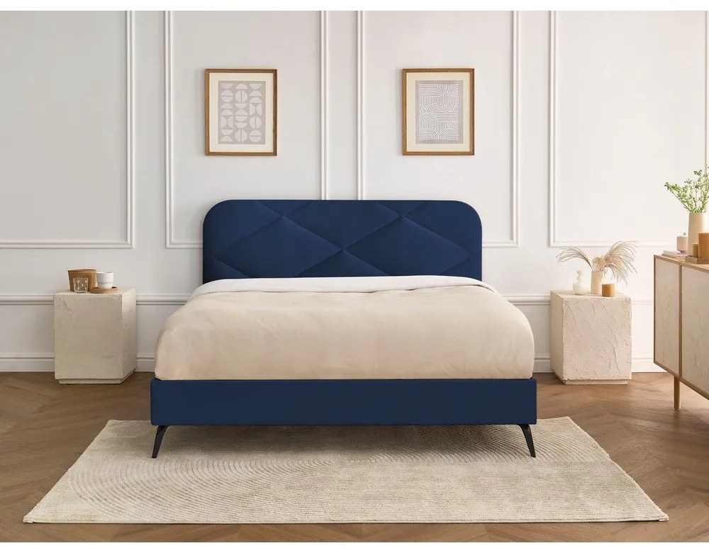 Sötétkék kárpitozott franciaágy ágyráccsal 180x200 cm Prune – Bobochic Paris