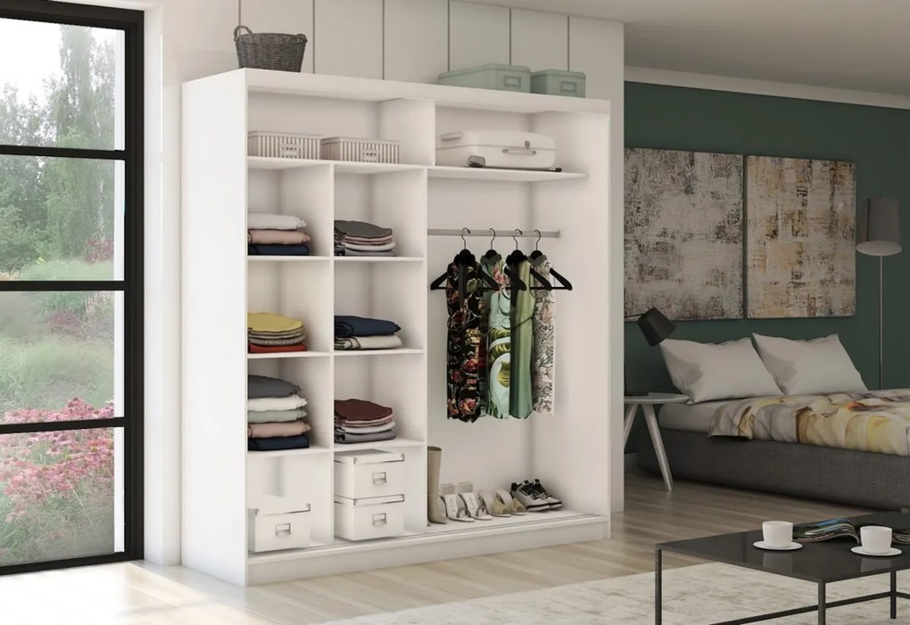 ELVIRA tolóajtós ruhásszekrény tükörrel + Halk zárorendszer, sonoma, 180x216x61