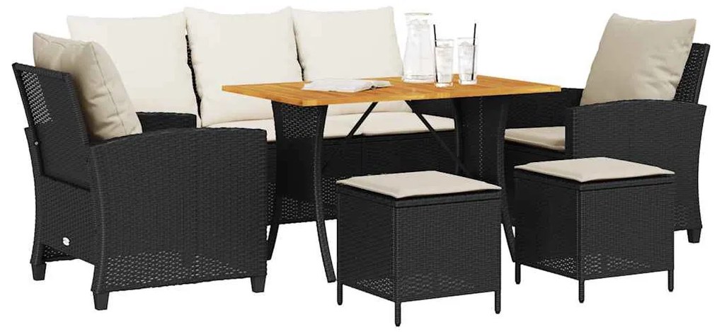 6 részes fekete polyrattan kerti ülőgarnitúra párnákkal