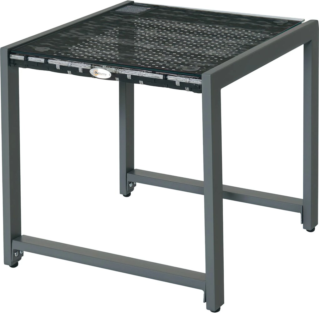 Outsunny Kültéri Asztal Oldalsó Asztal Terasz Bútor Edzett Üveggel Polyrattan + Alumínium Szürke 50 x 49.5 x 50 cm | Aosom