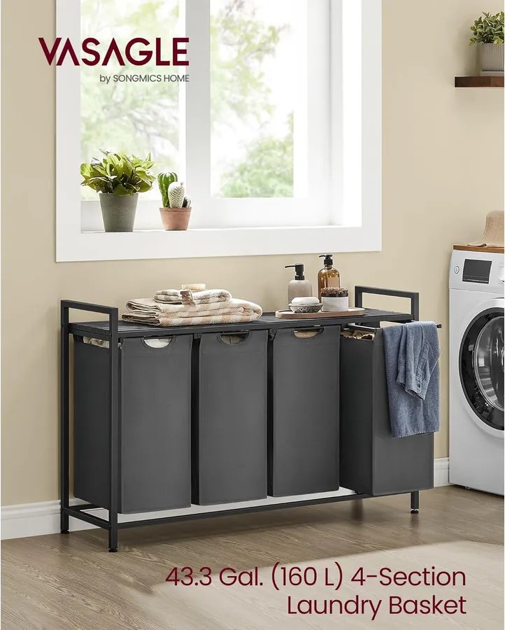 VASAGLE szennyestartó kosár, 4 rekeszes ruhagyűjtő szürke színben