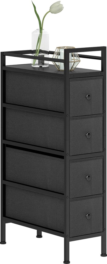 HOMCOM keskeny 4-fiókos textil komód acélvázzal – modern tároló háló- és nappaliba, fekete | Aosom