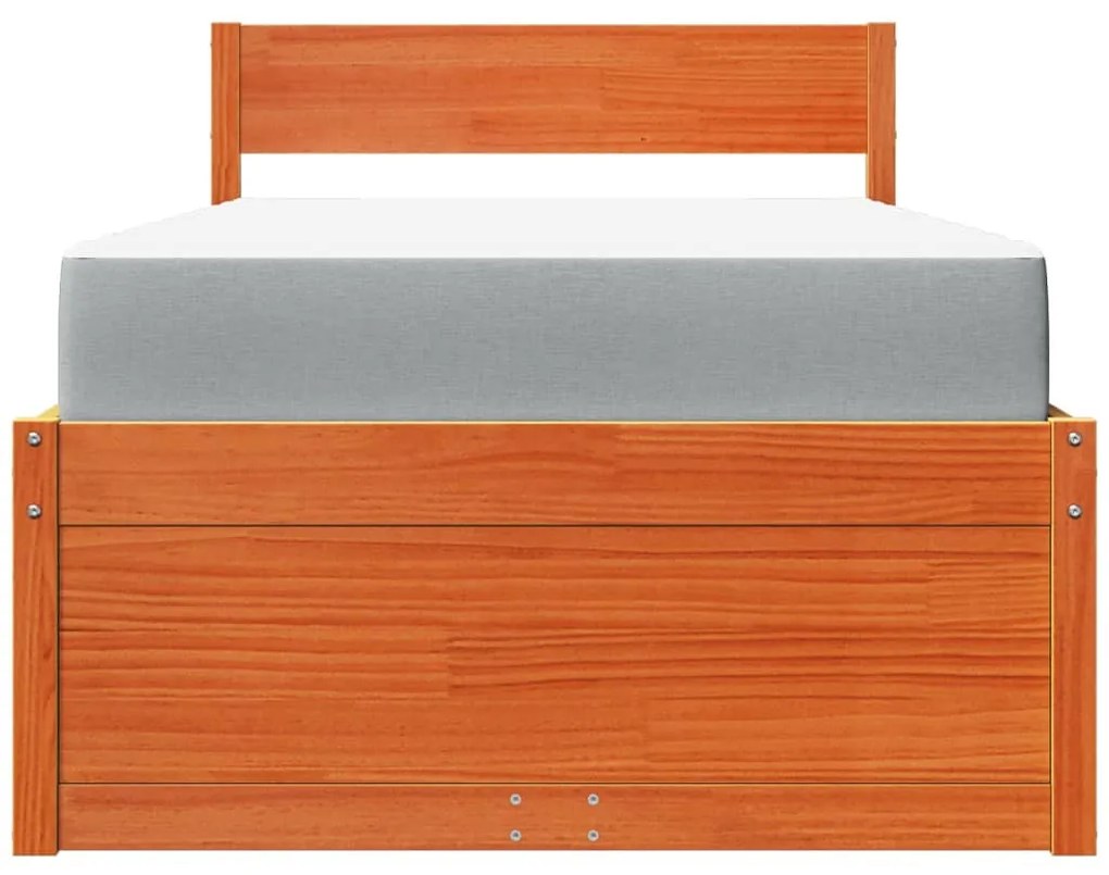 vidaXL viaszbarna tömör fenyőfa ágy fiókokkal és matraccal 100x200 cm