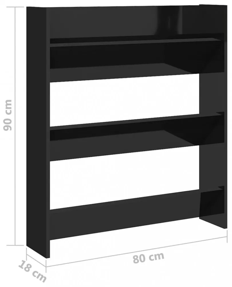 magasfényű fekete szerelt fa fali cipősszekrény 80 x 18 x 90 cm