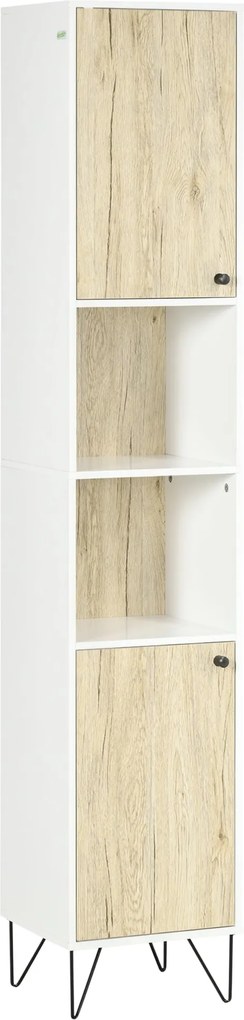 Kleankin fürdőszobai oszlopszekrény, magas WC-szekrény, hajtű lábakkal, 2 zárt szekrénnyel, polccal és 2 nyitott rekesszel - 30 x 31,5 x 169 cm | Aoso
