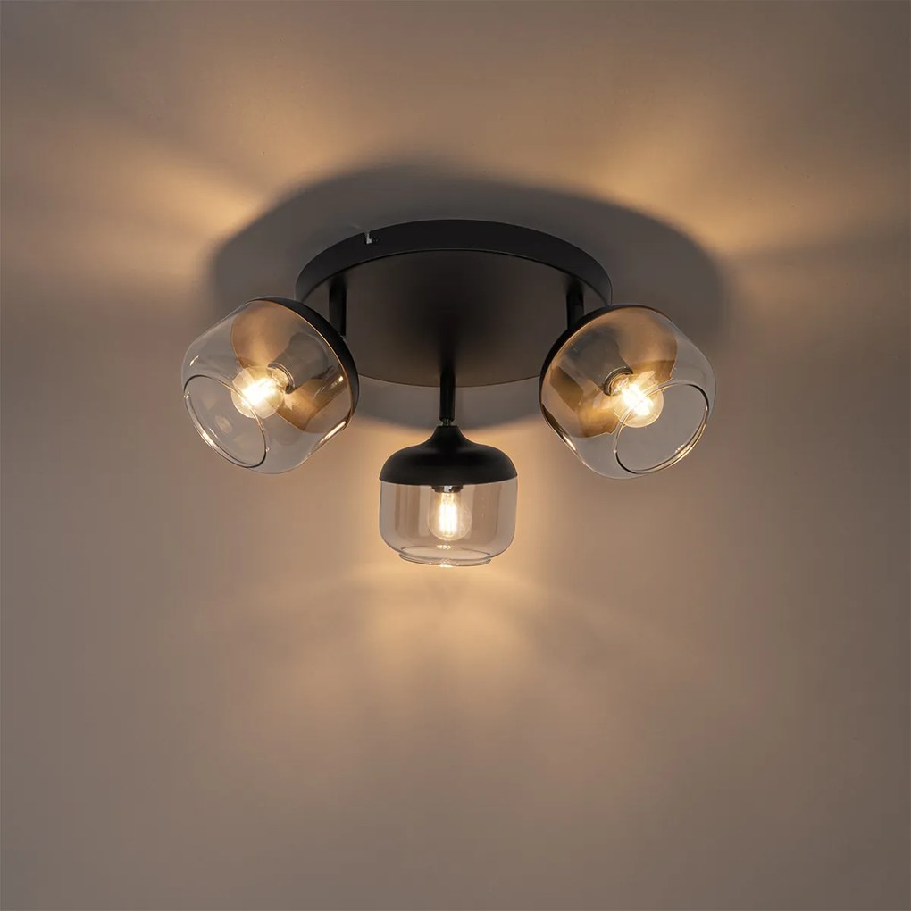 Design spotlámpa fekete arannyal és füstüveggel 3-lámpás kerek - Kyan