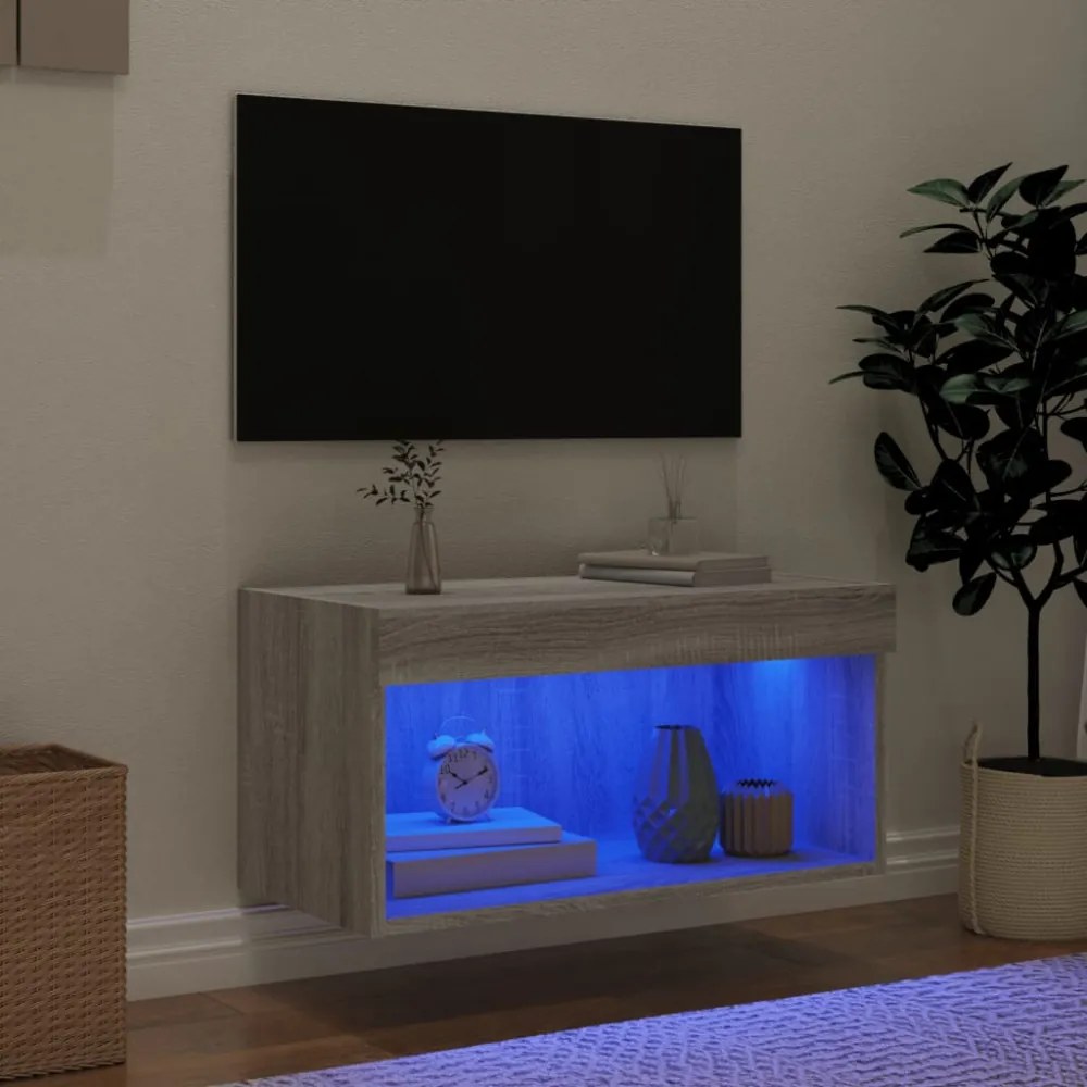 szürke sonoma színű TV-szekrény LED-világítással 60x30x30 cm