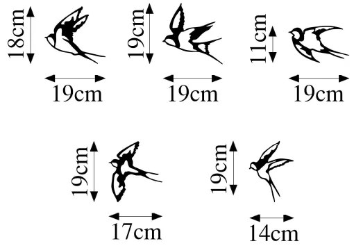 5 db fali madárdekoráció, fém, készlet