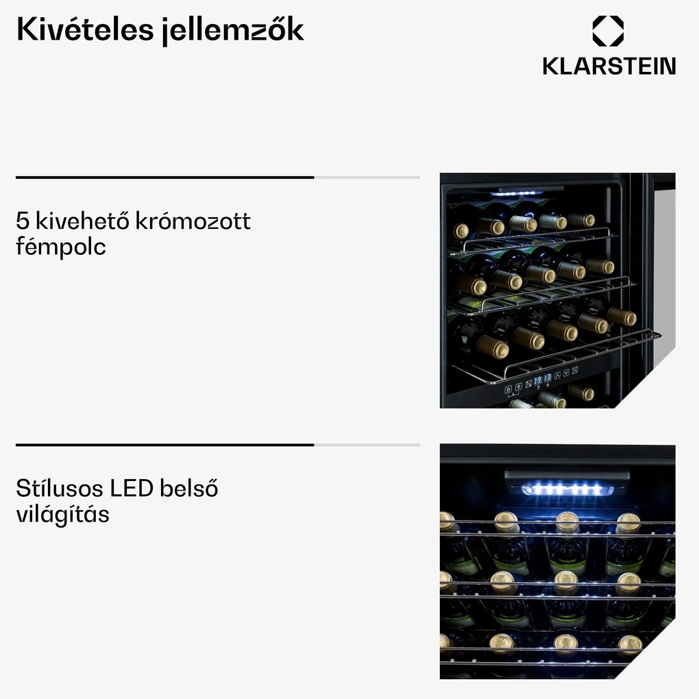 Klarstein Shiraz 29 Duo, borhűtő, 80 liter, 29 palack, 2 zóna, 5 - 22 °C, érintős, fekete