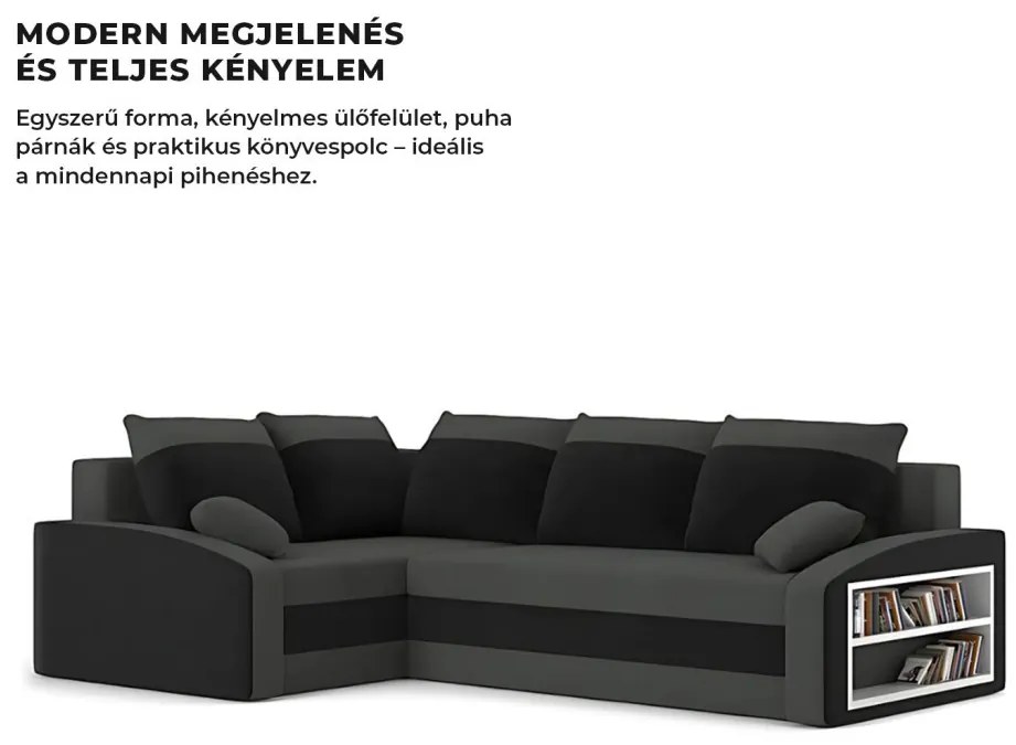Grande sarokkanapé polcokkal , polc a jobb karfaban, baloldali, szövet anyag, hab töltet, szürke - fekete