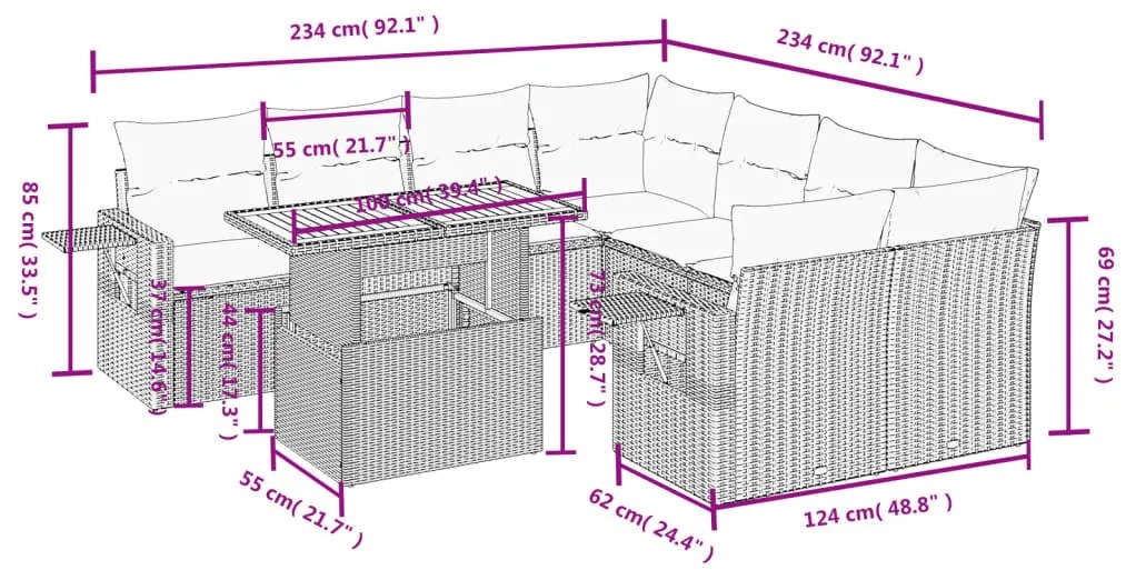 8 részes bézs polyrattan kerti ülőgarnitúra párnával