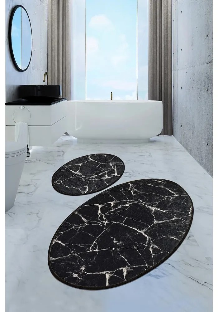 Marble 2 db-os fekete ovális fürdőszobai kilépő szett - Foutastic