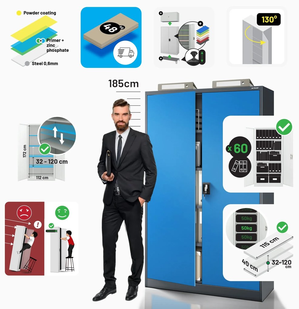 Fém iratszekrény JAN II, 1150 x 185 x 400 mm, antracit-kék