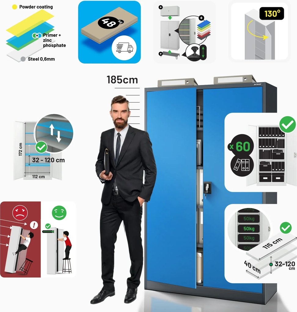 Fém iratszekrény JAN II, 1150 x 1850 x 400 mm, antracit-kék