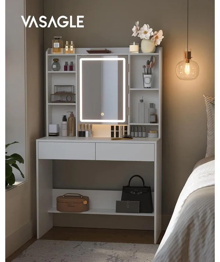 fésülködőasztal LED világítással, fehér