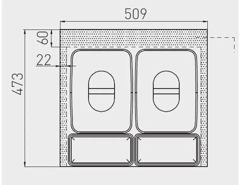 Hulladékgyűjtő GTV Multino 600, szelektív, utólag behelyezhető, 2*15 L edénnyel, fedéllel, tárolókkal