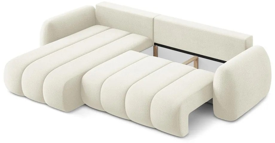 Bézs buklé kinyitható-tárolóhelyes sarokkanapé (bal oldali-heverő résszel) Pele – Makamii