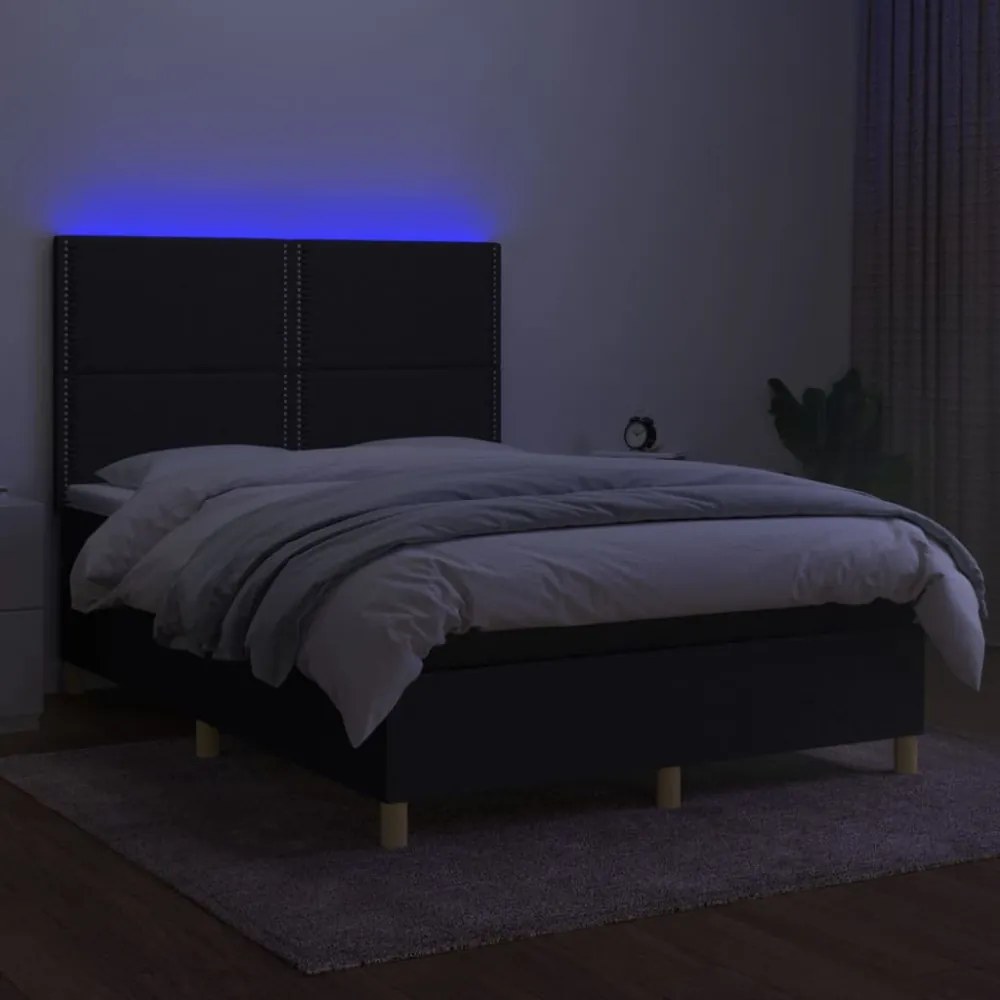 fekete szövet rugós és LED-es ágy matraccal 140x200 cm