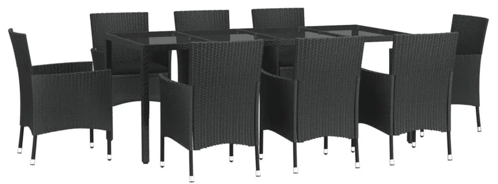 9 részes fekete polyrattan kerti étkezőgarnitúra párnákkal