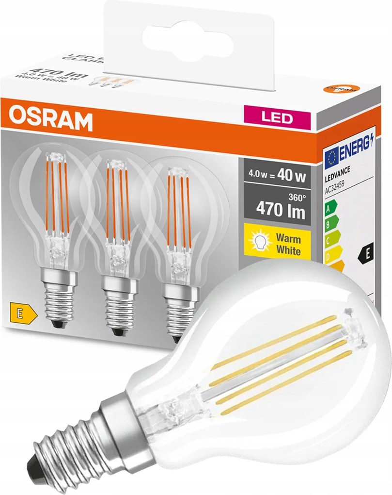 3x Led izzó E14 P45 4W 40W 470lm 2700K Meleg 320° Filament Osram