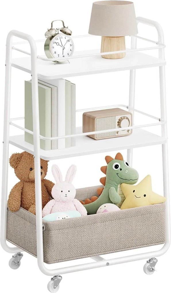 Gurulós tárolókocsi textil kosárral, 3 szintes kerekes tárolókocsi polcokkal, felhőfehér és tevebarna