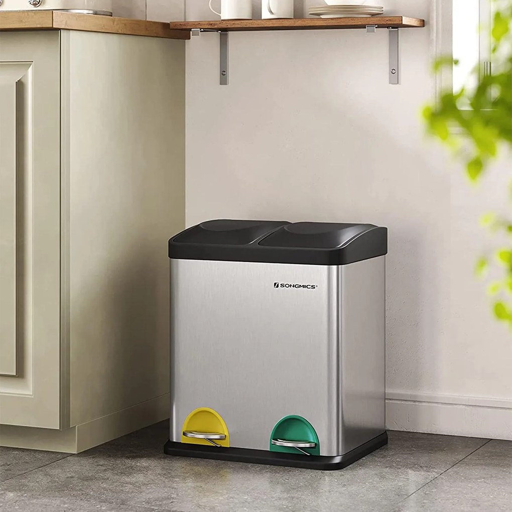 Szemétgyűjtő, szelektív hulladékgyűjtő, acél, 30 liter, 2 x 15l