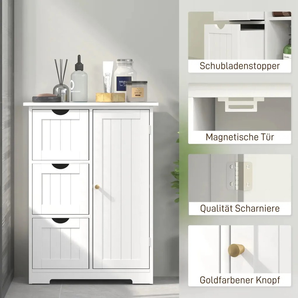 HOMCOM Fürdőszobaszekrény, fiókos komód, 3 fiók, polc, MDF, 60 x 30 x 80 cm, fehér