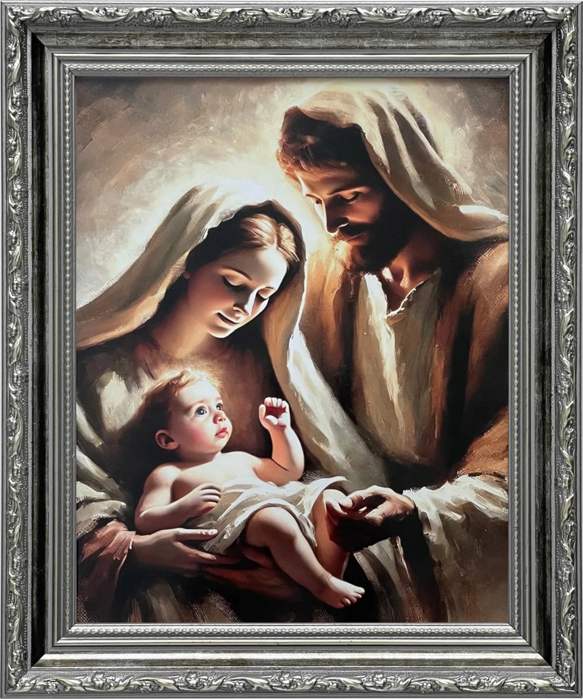 Vászonkép 31x26 Szent Család Jézus Krisztus József Mária Ezüst Díszített Keret