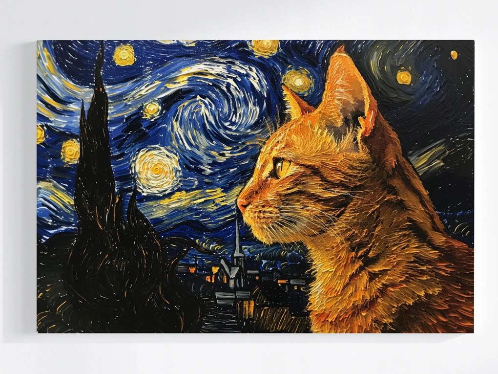 Canvas Vászonkép Olaj Van Gogh Csillagos Éjszaka Vörös Macska 60x40