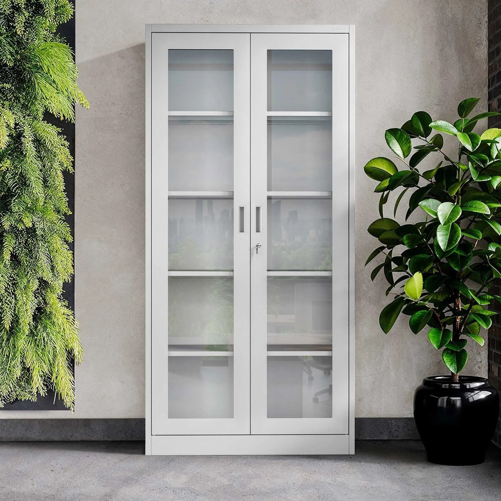 Vitrines fém szekrény üvegezett ajtókkal AMELIA, 900 x 1850 x 400 mm, szürke