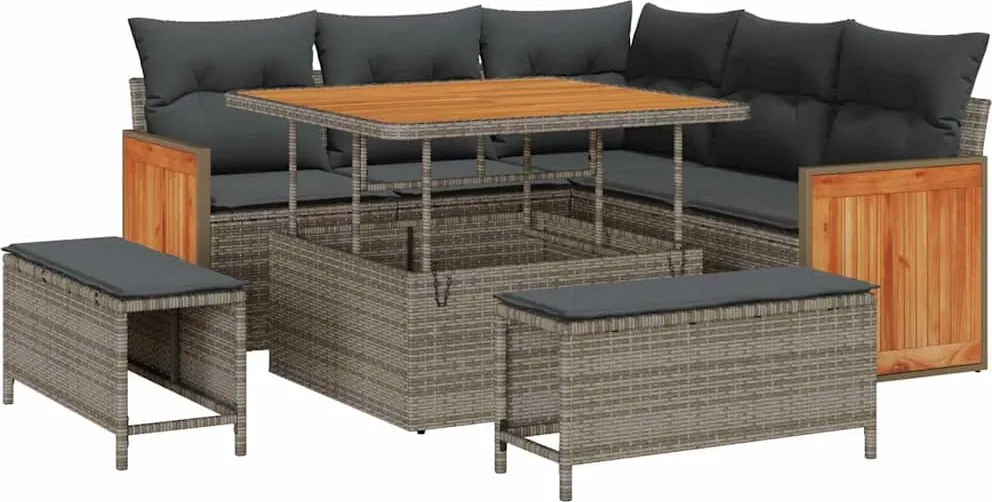 vidaXL Kerti Kanapé Szett párnával 9 pcs Szürke polirattan