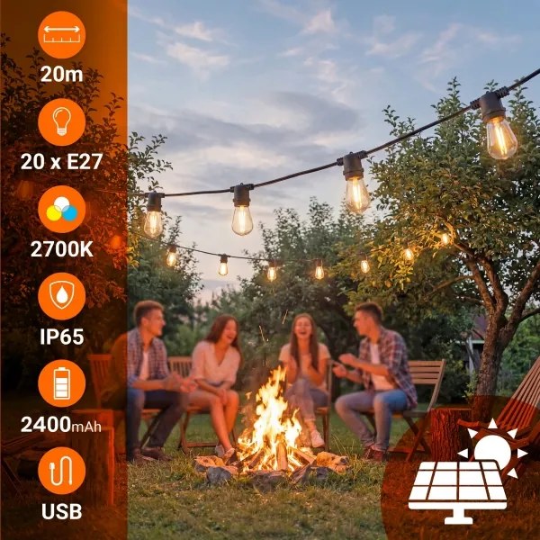 LED Stm napelemes díszfényfüzér 20xE27/3V USB 2400 mAh 20,62 m IP65 fekete + távirányító