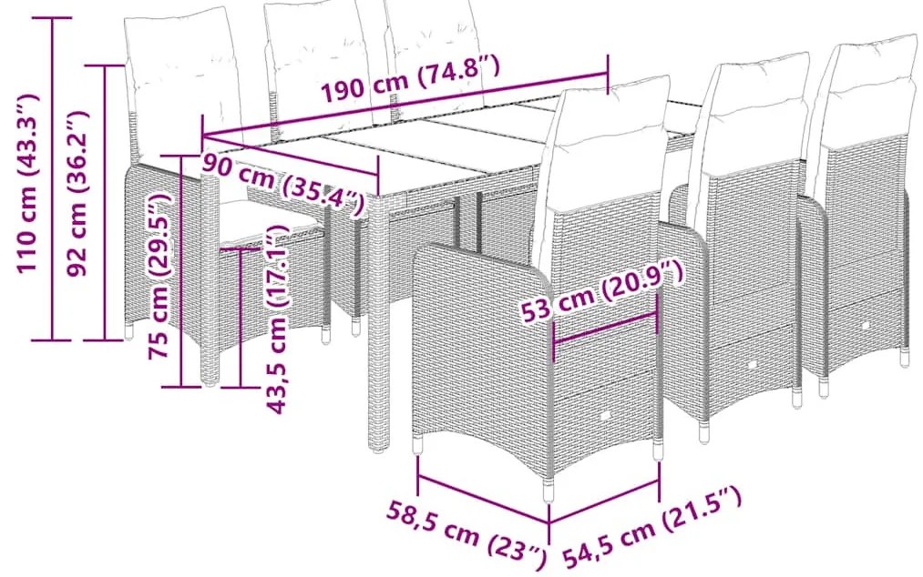 vidaXL 7 részes bézs polyrattan kerti bisztrógarnitúra párnákkal