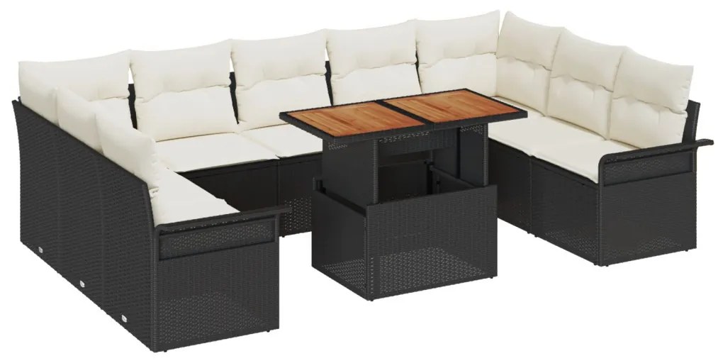 10 Részes Kerti Étkező Szett Párnákkal Fekete Poly Rattan Akáciával