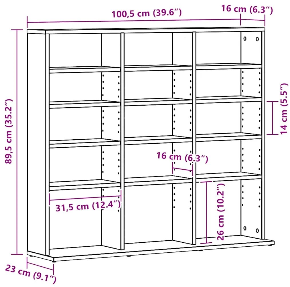 fekete tölgyszínű szerelt fa CD-szekrény 100,5x23x89,5 cm