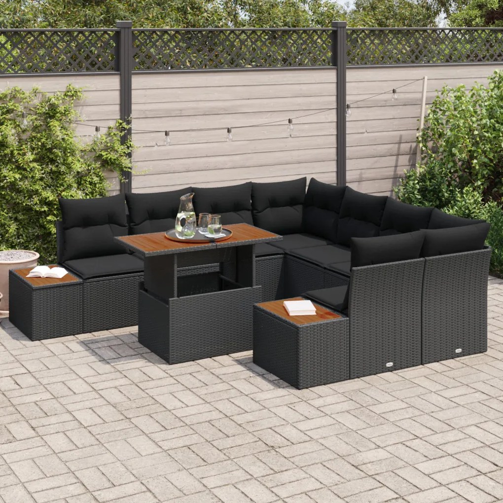 9 darabos kert kanapé szett párnákkal Fekete Poly Rattan