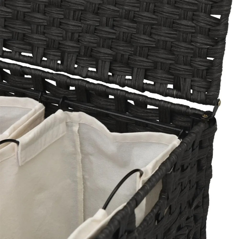 fekete rattan szennyeskosár kerekekkel 66x35x60 cm