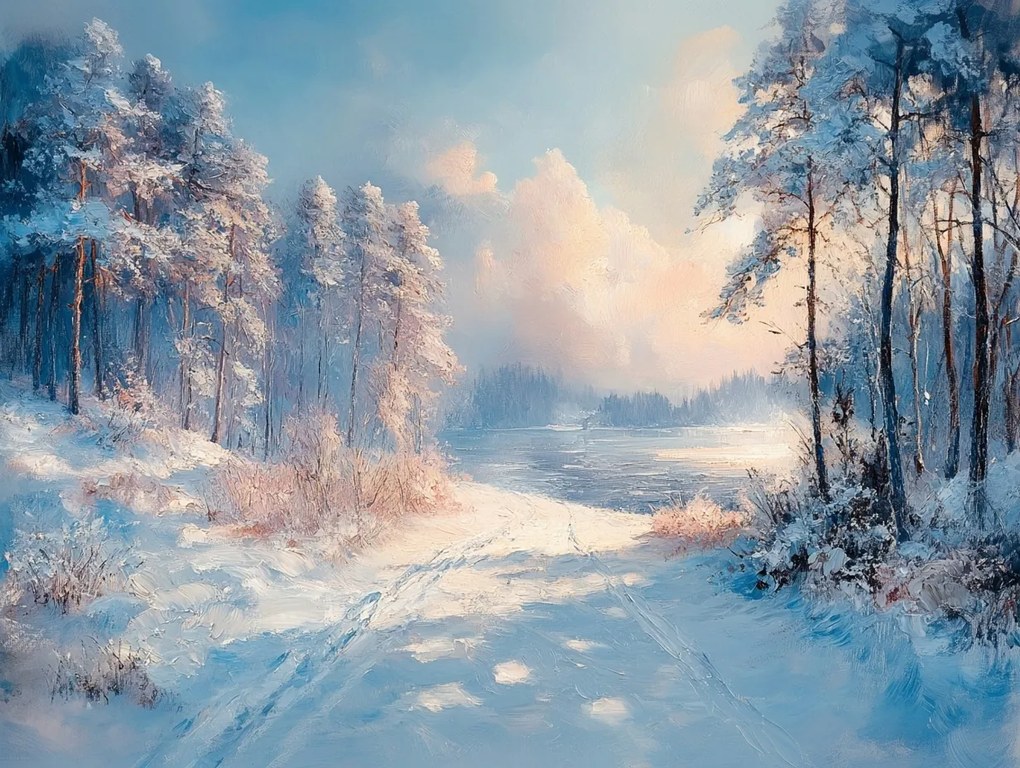 Vászonkép Canvas Tájkép Erdő Tó Út Tél Hó Fagy 80x60