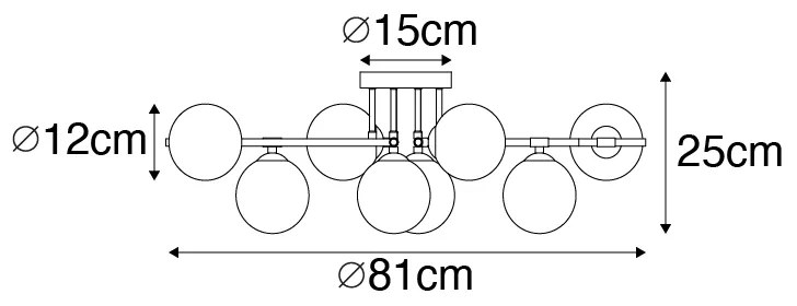 Mennyezeti lámpa fekete arannyal és opál üveggel 8 lámpás - Lynn