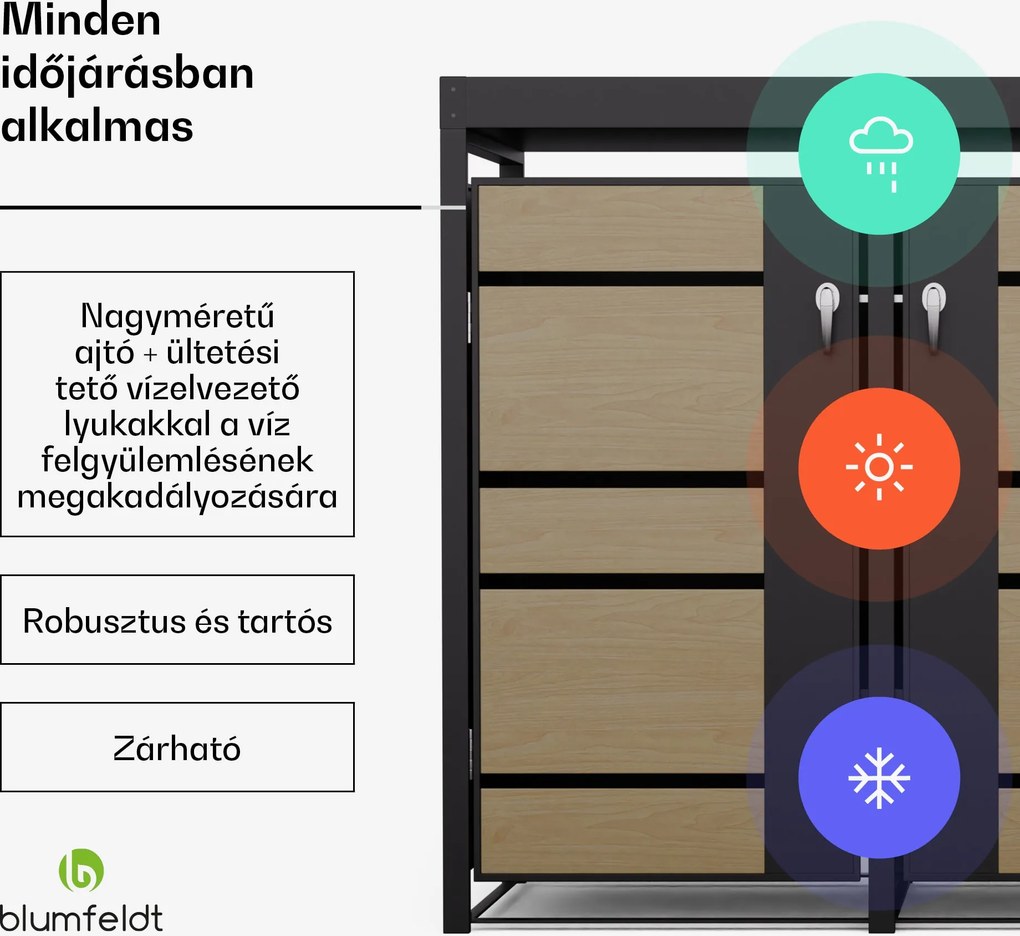 Blumfeldt BinSafe, szemétkosár tároló doboz, 3 szemétkosár, 240 l, zárható, időjárásálló horganyzott acél, beültethető tető