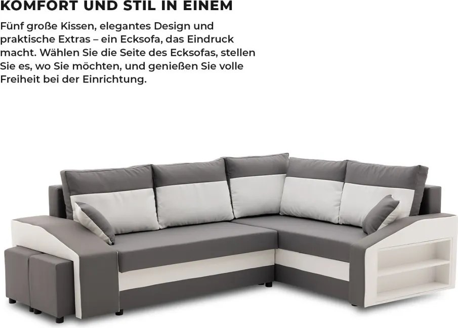 Grande sarokkanapé polcokkal és puffokkal , polc a jobb karfaban puffok a bal karfaban, jobboldali, szövet anyag, bonell töltet, szürke - fehér