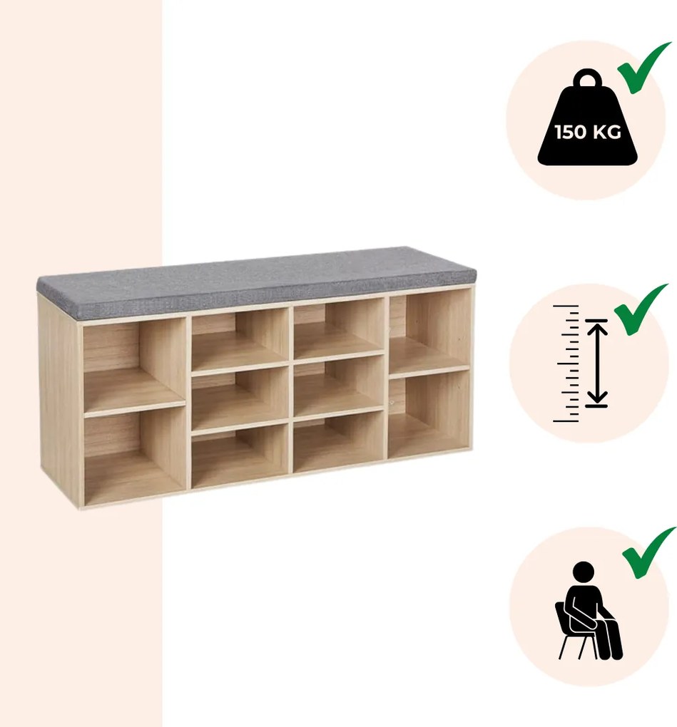 GABI cipősszekrény párnázott ülőkével, 10 rekesz, 104x30x48cm, szürke/világosbarna Jurhan