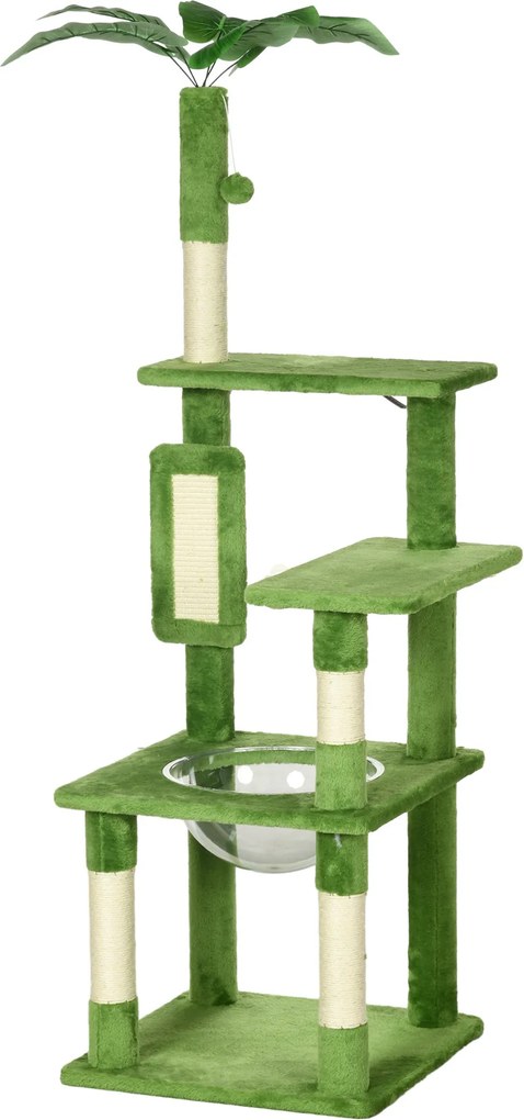 PawHut Több szintes macskaf(%k)(f)as, függőággyal, kaparóoszloppal, játékgolyóval és dekoratív levelekkel, plüss borítással, 49x49x142 cm, Zöld | Aoso