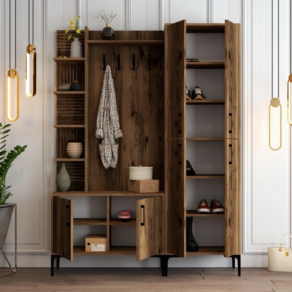 Viyana Walnut akasztó, cipőtartóval, polcokkal és szekrénnyel