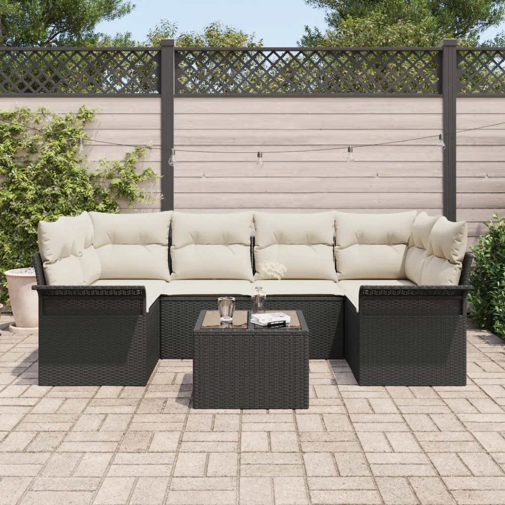 7 Darabos Kert Sofa Szett Párnákkal Fekete Poli Rattan
