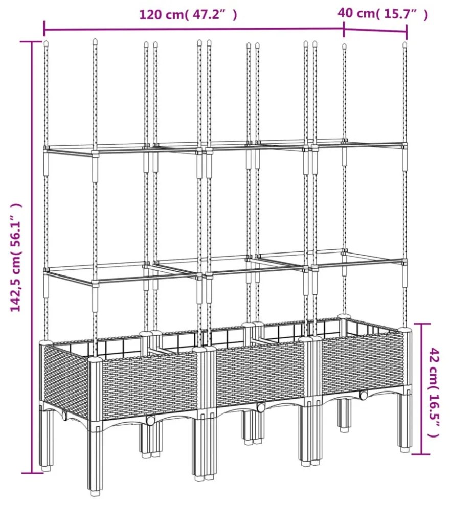 világosszürke PP rácsos kerti ültetőláda 120 x 40 x 142,5 cm