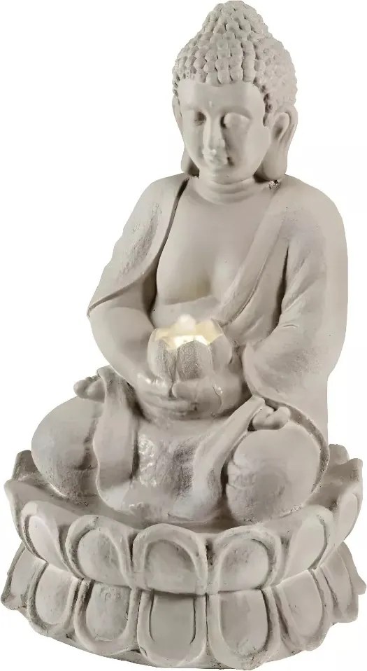 Napelemes kerti szökőkút ülő Buddha Led meleg fehér 55cm